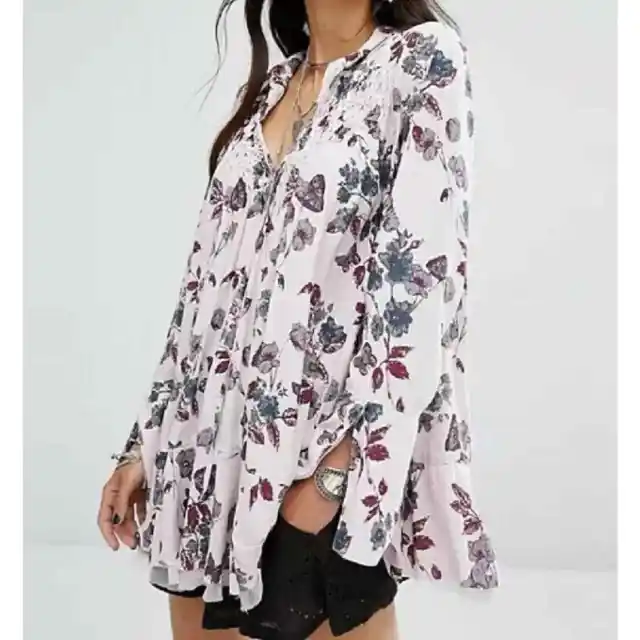 Free People Lavender Floral Butterfly Shirt Top Blouse Flowy Boho Long Sleeve XS