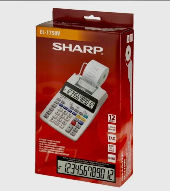 NEU 02/2024 Tischrechner Sharp EL 1750V Rechenmaschine Papierrolle Grau Weiß LED