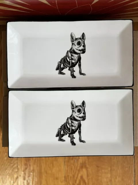 RARE Set of (2) Wicked Ciroa French Bulldog Porcelain Skeleton Platter Plates