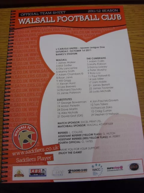 01/10/2011 Colour Teamsheet: Walsall v Carlisle United  (folded). We try and ins