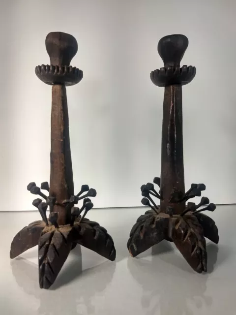 Late 19th Century Tramp Art Hand Carved Primitive Candle Holder Rose Head Nails