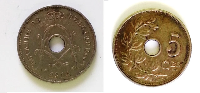 1914 WW1 BELGIUM Five Centimes 5 C Vintage Coin - Belgique