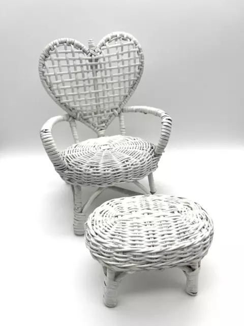 Vintage White Wicker Heart Shaped Doll Chair, 9.5 Tall