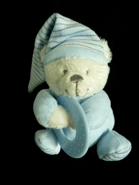 P9. DOUDOU PELUCHE BOULE OURS MAX ET SAX BLEU BLANC RAYE ANNEAU 12cm assis TTBE