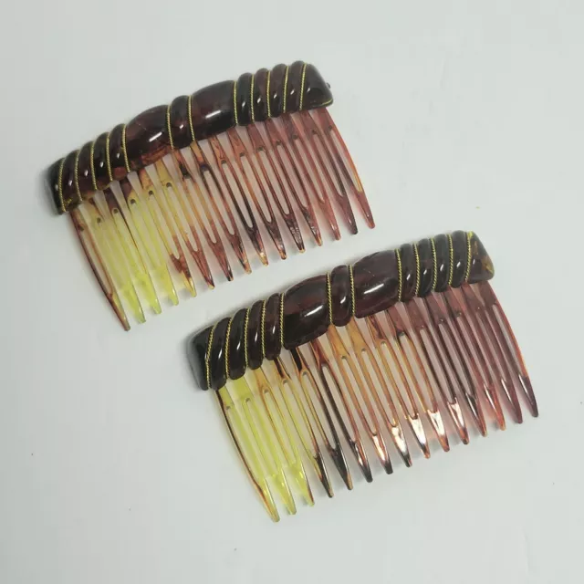 Vintage 80s Hair Side Combs Pair Faux Tortoiseshell Brown Gold Decorative 2.5"