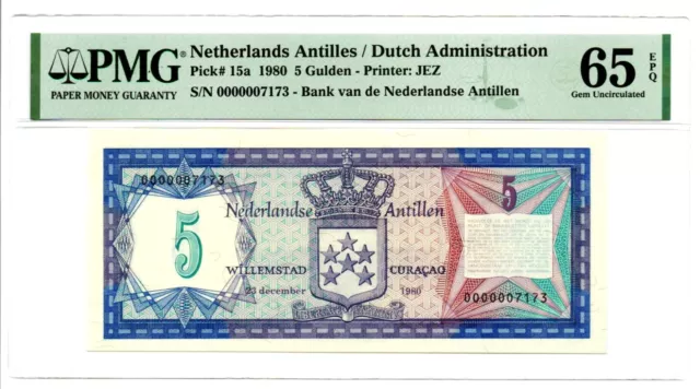 Netherlands Antilles: 5 Gulden 23.12.1980; Pick15a. PMG Gem Uncirculated 65 EPQ