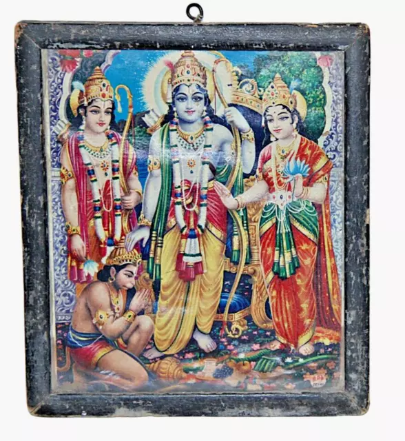 Old Vinatge Ram, Sita and Hanuman Litho Print With  Wooden Photo Frame