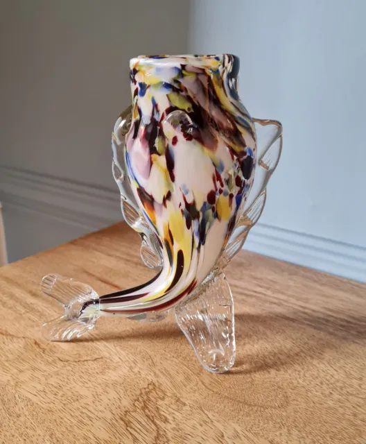 Vintage Mid Century Art Glass Fish Vase, Hand Blown, Murano / Murano Style
