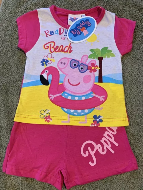 PEPPA PIG Two piece Girls Dark Pink Shorts and Top Set Age 2-6 NEW Fast Freepost