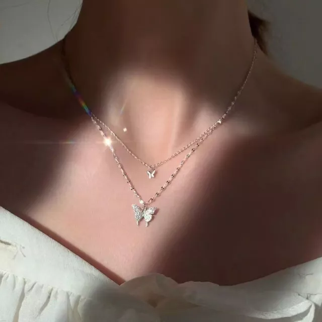 Double Crystal Butterfly 925 Sterling Silver Chain Necklace Christmas Women Gift