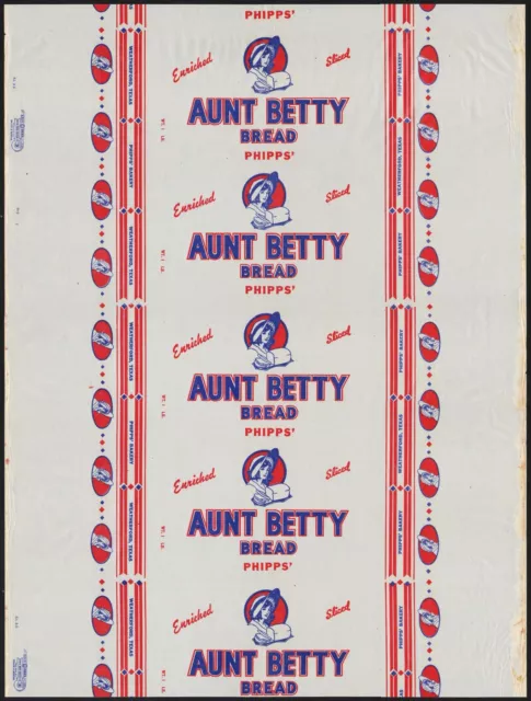 Vintage bread wrapper PHIPPS AUNT BETTY woman pic 1948 Weatherford Texas n-mint