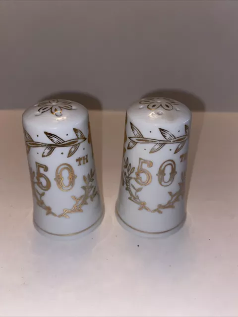 Vintage LEFTON 50th Anniversary porcelain gold trim salt & pepper shaker #1955
