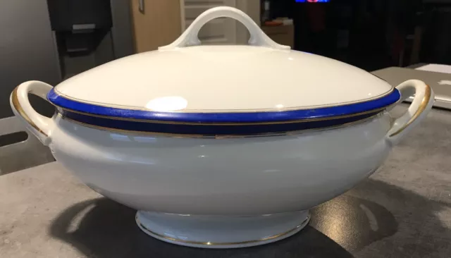 Ancienne SOUPIÈRE en PORCELAINE De LIMOGES 36 cm Blanc/bleu/doré