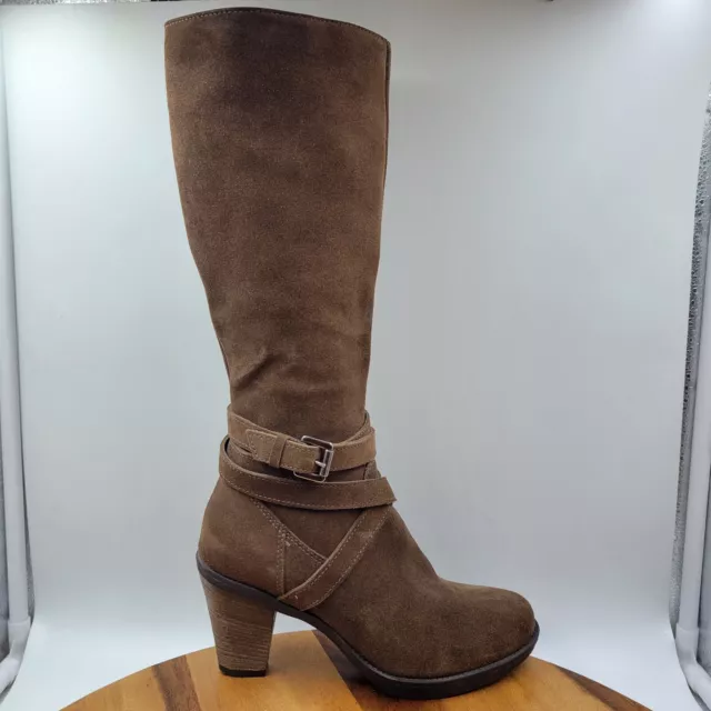 La Canadienne Knee High Boots Women's 6M Brown Suede Buckle Strap Block Heel Zip
