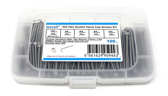 100 Pcs M3 X 30/35/40/45/50 Stainless Steel 304 Hex Socket Head Cap Screws Bolts