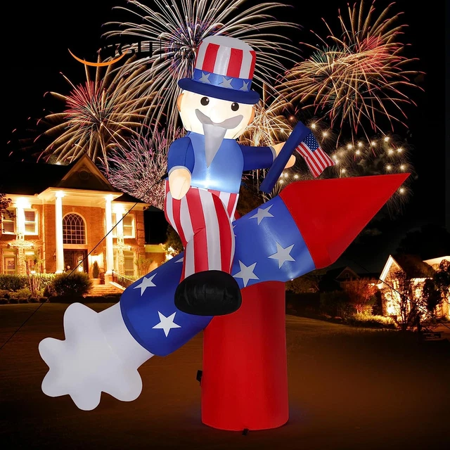 4Th of July Decoration 6FT Inflatable Uncle Sam on Rocket LED Blow up Lighted