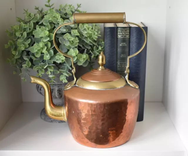 Vintage Copper & Brass Kettle with Fold Down Handle Stove Top 2.5 Pints (P)