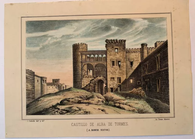 Castillo de los Duques de Alba en Alba de Tormes, Salamanca - Litografía antigua