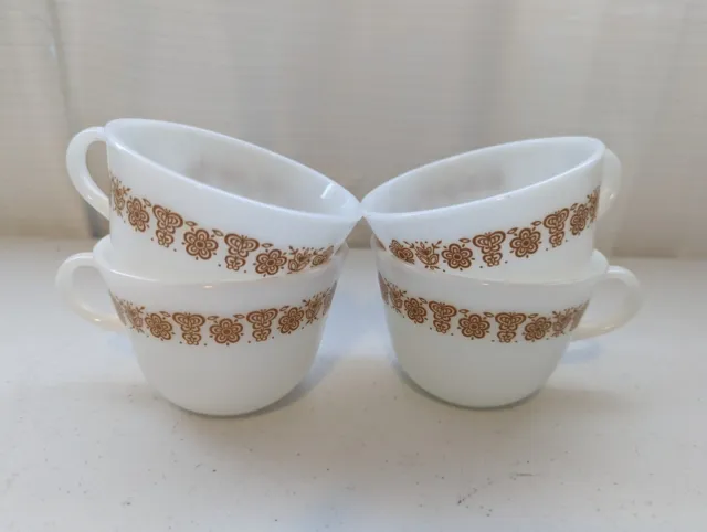 Set of 4 Vintage Pyrex Milk Glass Butterfly Gold 8 oz. Coffee Tea Cups
