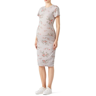 Monrow Grey Floral Maternity Sheath Dress M Short Sleeve Crew Neck Ruched Side