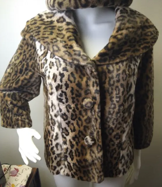 Women's INC International Concepts Faux Fur Leopard Coat Jacket Med Wool Lep Hat 2