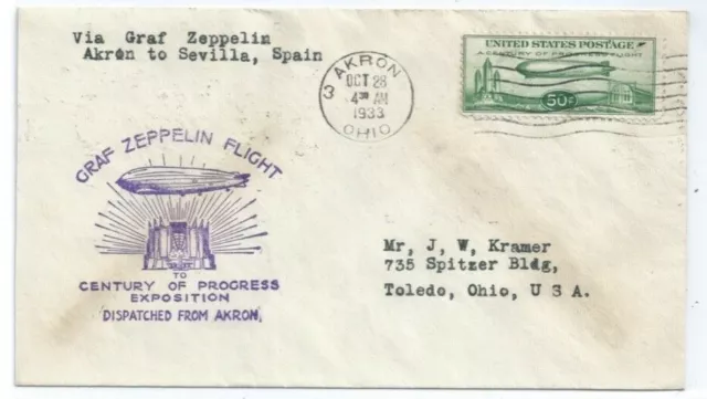 GRAF ZEPPELIN Century Of Progress Expo. Flight Oct 28 1933 Akron to Sevilla