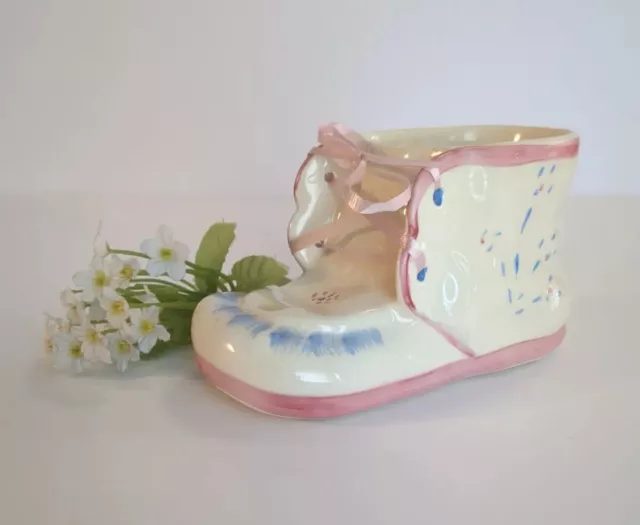 VTG Ceramic Baby Shoe Bootie Planter Vase Pink Blue Floral Nursery Cute!
