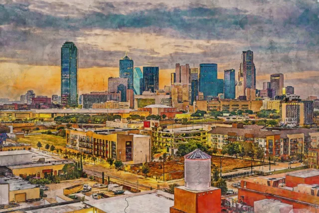 Dallas skyline watercolor, TX canvas watercolor, Dallas watercolor,Texas, City