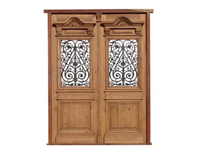 Antique Double Wooden Door with Cast Iron Inserts. B1963CA