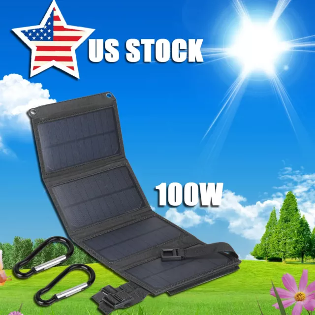 100W USB Solar Panel Folding Portable Power Bank Outdoor Hiking Phone Charger HI