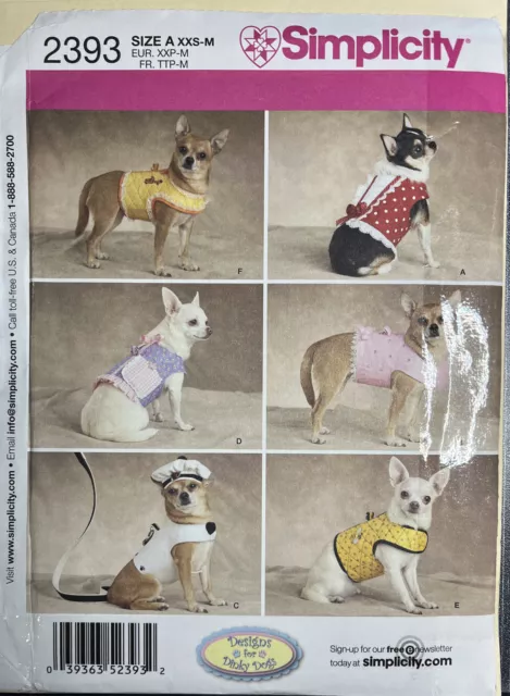 Simplicity 2393 Size A Xxs-M Designs For Dinky Dogs Pet Clothing Uncut Ff