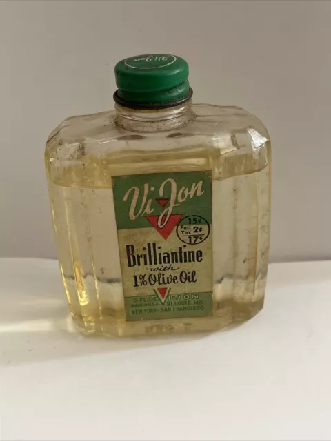 Vintage  Vi -Jon Brilliantine  Hair Oil Glass Bottle Collectible As Is 3/4 Full