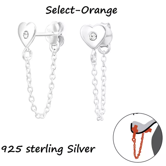 Hearts with Hanging Chain 925 Sterling Silver Crystal Ear Jacket Earrings Studs