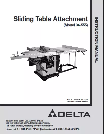 Delta 34-555 Sliding Table Attachment Owners Instruction Manual Comb Binding