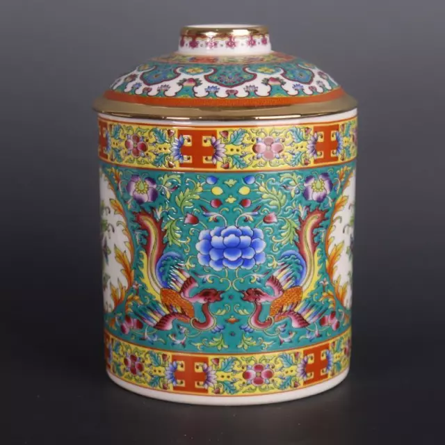 Chinese Green Enamel Porcelain Pot Qing Yongzheng Lotus Phoenix Tea Caddy 6.33"