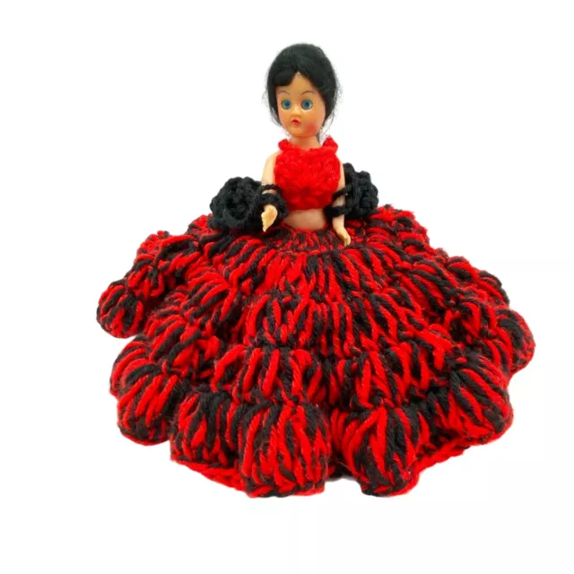 Vintage Doll Hand Crochet Dress Blue Sleep Eyes Black Hair Mid Century Modern 7"