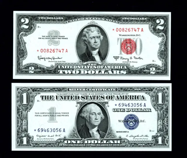 1963 A $2 Red Seal Star Legal Tender- 1957 $1 Siver Certificate Star Unc Notes !