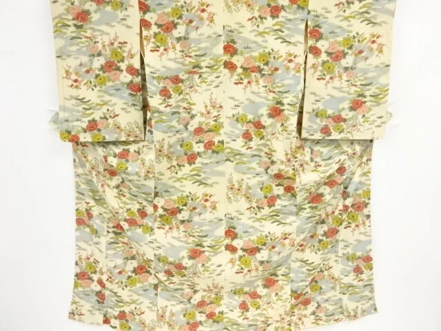 45274# Japanese Kimono / Antique Kimono / Stream With Floral Plants