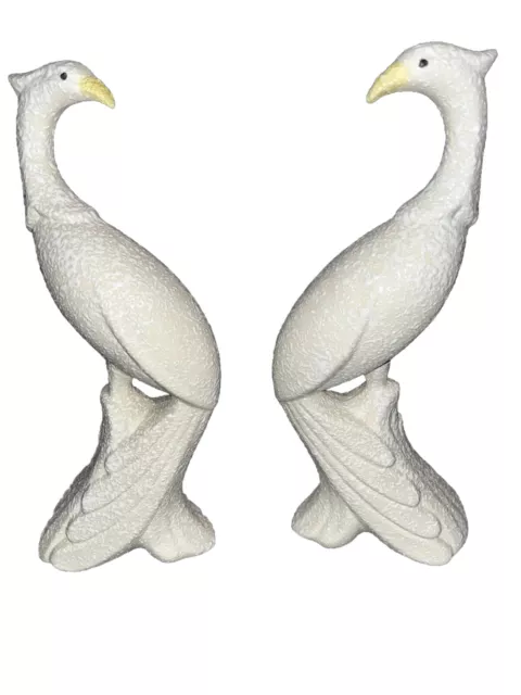 Set/2 - MCM Retro Vintage Textured White Ceramic Peacock Pheasant Bird Figurines