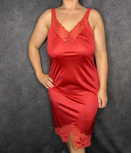 Vintage Sears Red Full Dress Slip Lace Nylon Size 36
