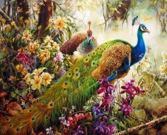Peacock Plumage Forest Flowers DIY 5D Diamond Painting Animal Cross Stitch Kits