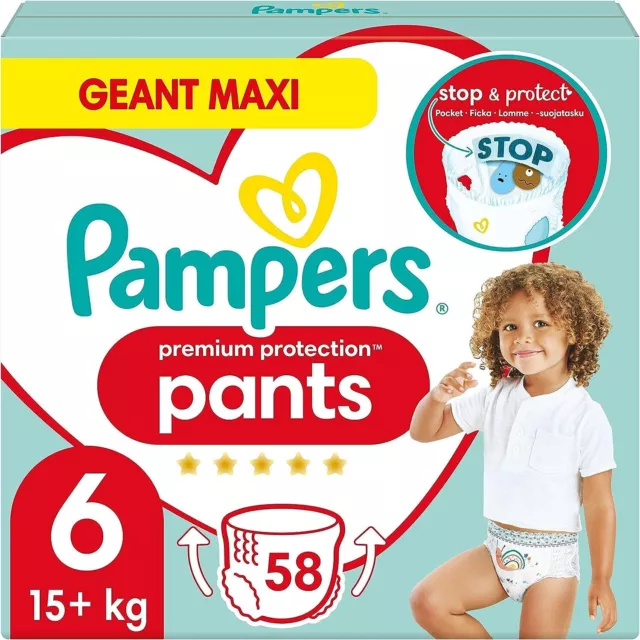 Pampers Nappy Pants Size 6, 15kg+, Premium Protection Pants, 58 Nappies