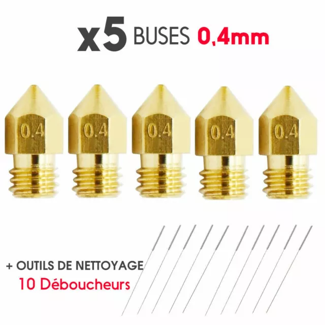 0.4mm x5 Buse Extrudeuse MK8 CTC, Prusa, Makerbot 1.75mm M6 + Outils Nettoyage
