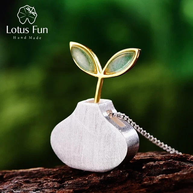 Natural Stone Leaf Vase Bursts Pendant Solid 925 Silver Jewelry for Women Gift