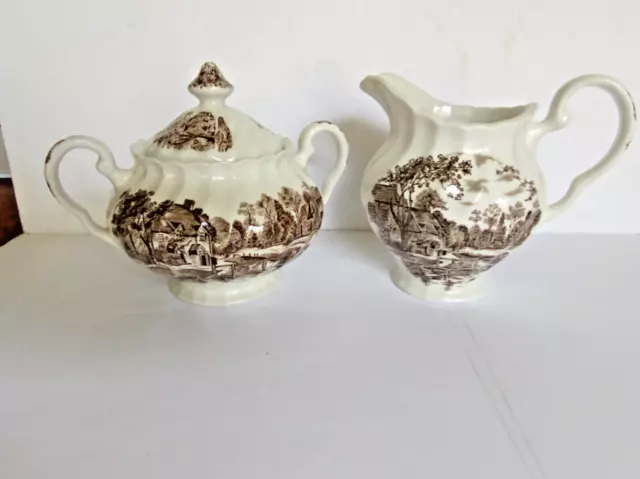 Vintage Johnson Brothers Cotswold Brown Lidded Sugar Bowl & Creamer set 2