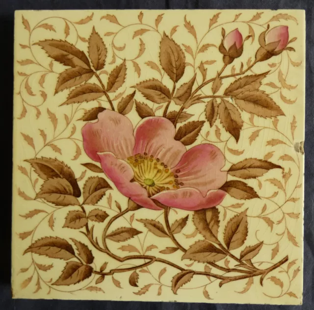 Antique Victorian Edwardian Mintons Print & Tint Pink Flower & Buds Floral Tile