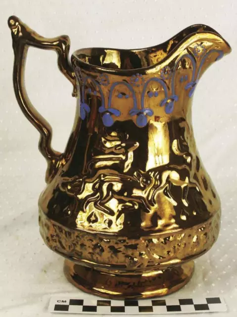 Antique Large Victorian Hand Painted Copper Lusterware Pitcher 19th Century HH