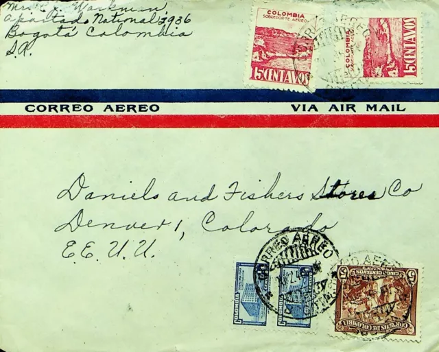 COLOMBIA PAIR + 3v ON AIRMAIL COVER FROM BOGOTA TO COLORADO USA