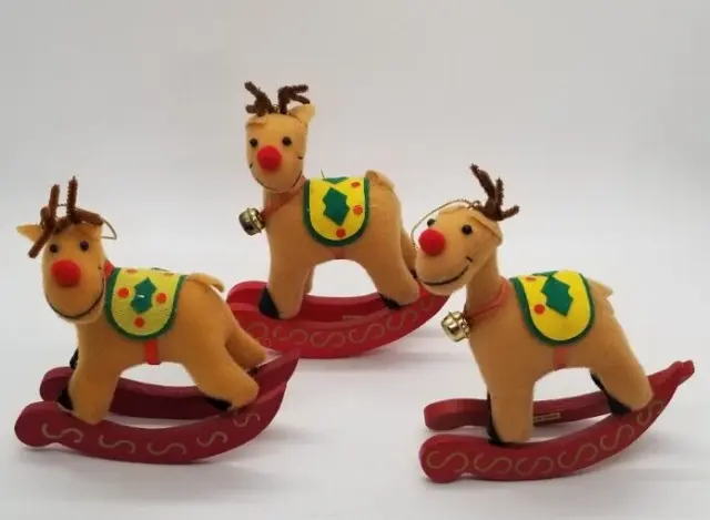 Set of 3 Reindeer Red Nose Rocking Horse Tan Fabric Ornaments
