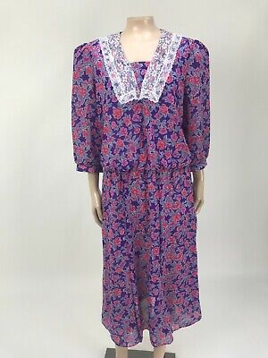 Vintage 80's Alison Peters Women's Dress Polyester Floral Lace 3/4 V neck Z10